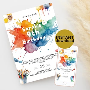 Może przedstawiać: Białe zaproszenie z kolorowym wzorem rozprysków farby akwarelowej. Tekst brzmi "Sarah's 9th Birthday" ze szczegółami wydarzenia. Telefon wyświetla zaproszenie. Złoty okrąg mówi "INSTANT download".