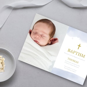 Baptism Invitation Boy with Picture, Baptism Invitation Boho Boy, LDS Baptism, Blue and Gold Baptism Invitation, Canva DIGITAL DOWNLOAD MC01