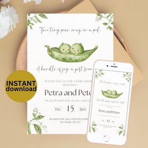 May include: Baby shower invitation with watercolor illustration of two peas in a pod. The invitation includes the text "Two tiny peas, snug in a pod" and "A bundle of joy, a gift from". A smartphone displays the same design.