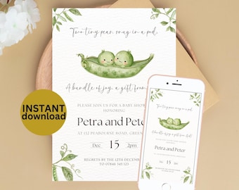 Editable Two Peas in a Pod Baby Shower Invite Template Printable Twins Invite Cute Green Pea Pod Theme Greenery DIGITAL DOWNLOAD PP9