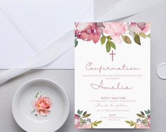 Modèle d'invitation de confirmation florale rose blush, invitation de confirmation modifiable imprimable, invitation religieuse, téléchargement numérique MC0011