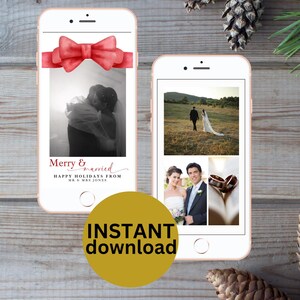 Digitale Merry and Married Christmas-sjabloon Bewerkbare pasgetrouwde kerstkaart Digitale download Rood lint Merry & Married Aanpasbaar ontwerp