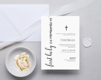 May include: White card with black text announcing the baptism of Thomas. The card includes the date, time, and location of the ceremony and a party to follow. The text "first holy communion" is written vertically on the left side of the card.