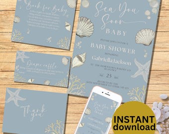 Cyfrowe zaproszenie na baby shower z motywem morskim, edytowalne, letnie zaproszenie na baby shower z motywem nadmorskim i muszelkami, NATYCHMIASTOWE POBIERANIE SS9