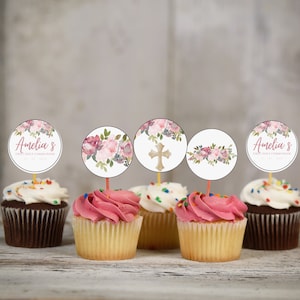 Erste heilige Kommunion Party Dekor Cupcake Toppers Vorlage zum Ausdrucken, Boho Blush Rosa Floral Printable DIGITAL DOWNLOAD MC0011