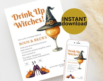 Digital Drink Up Witches Invitation Editable Halloween Party Invite Printable Digital Download Fun Cocktail Invite Spooky Party Invite