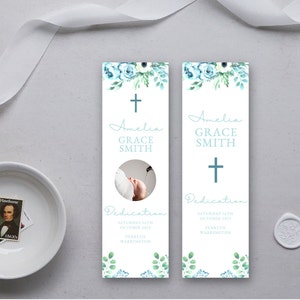 Dedication Green Floral Printable Favour Bookmark 2.1&quot;x 8.6&quot; 2 designs, Gift for Guests, Floral Editable Bookmark DIGITAL DOWNLOAD MC0010