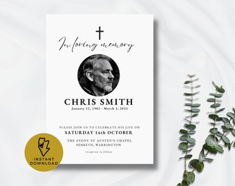 May include: A white memorial card with a black cross and the words "In loving memory". It includes a black and white portrait of Chris Smith, with his birth and death dates. Details for a celebration of life are also included.