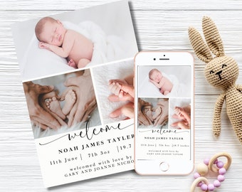 Birth Announcement Photo Baby Announcement Card Newborn Welcome Minimalist Editable Template, Printable Canva Instant Download 5x7 6x4 TEXT