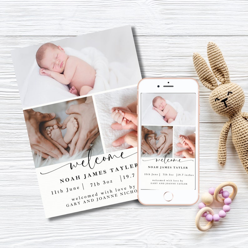 May include: A collage of photos announcing the birth of Noah James Tayler. The photos show the baby sleeping, a close-up of the baby's feet, and the baby's hands being held by parents. The text reads "Noah James Tayler, 11th June, 7lb 3oz, 19.7, welcomed with love by Gary and Joanne Nichole."