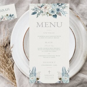 Modello menu e segnaposto blu polvere, modello menu di nozze, menu battesimo e biglietto da visita, menu cena romantica, menu floreale blu MC34