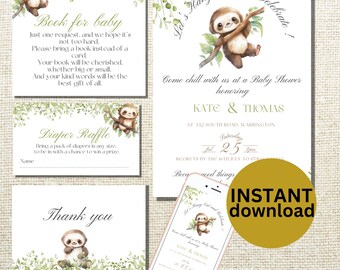 May include: Printable baby shower invitation featuring a sloth design. The invitation is green and white with a sloth hanging from a branch. The text reads "Let's Hang Out and Celebrate!" and "Come chill with us at a Baby Shower honouring Kate & Thomas at 112 South Road, Warrington. Saturday, Jul 25 2pm.  R.S.V.P. by the 16th July to 075..."