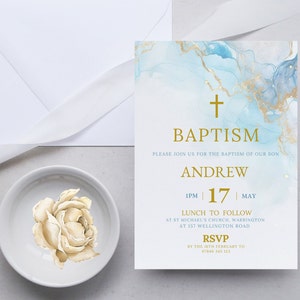 Boy Baptism Invitation, Modern Baptism Invitation,Blue and Gold invite, Light Blue Watercolor Baptism Invite Template, DIGITAL DOWNLOAD