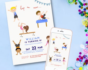 Editable Gymnastics Party Invitation Template Editable Gymnastics Birthday Invitation Printable Invitation boys and girls DIGITAL DOWNLOAD