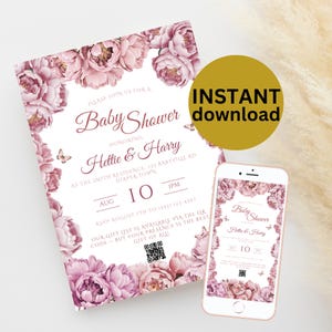 Può includere: Un invito per un baby shower con un design floreale nei toni del rosa e del bianco. L'invito include il testo "Baby Shower" e i dettagli dell'evento. Un schermo del telefono abbinato mostra l'invito. È presente anche un cerchio dorato con le parole "INSTANT download".