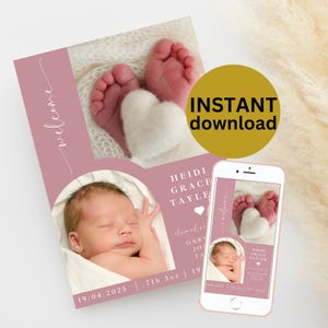 New Baby Girl Photo Announcement Card Printable Birth Announcement Editable Template Digital Photo Card for Baby Girl  5x7 6x4  NB1