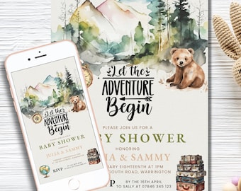 Let The Adventure Begin Baby Shower Invitation  Camp Theme Baby Shower Adventure Awaits Invite Shower Neutral Canva DIGITAL DOWNLOAD MB2