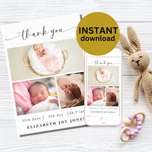 Custom Photo Thank You Card for Newborn Personalised Birth Announcement Baby Shower Photo ThankYou Canva Instant Download 5x7 6x4 TEXT NB1