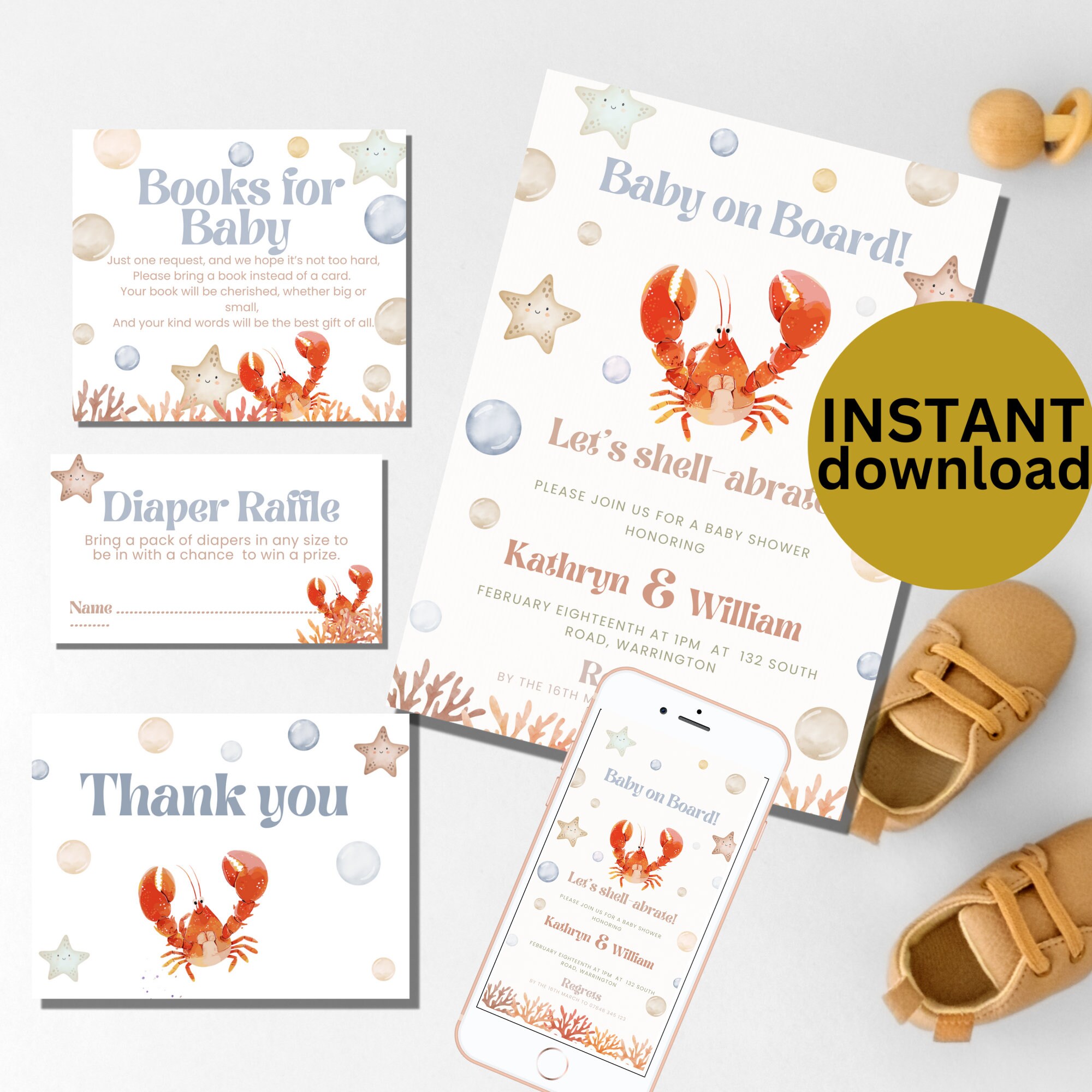 Lobster Baby Shower Invitation Bundle Editable Shrimp Invite Baby ...