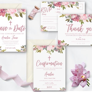 Pink Confirmation Invitation Pack, Printable Floral Confirmation Set, Invite, Save the  Date, RSVP, Thank You Card DIGITAL DOWNLOAD MC0011