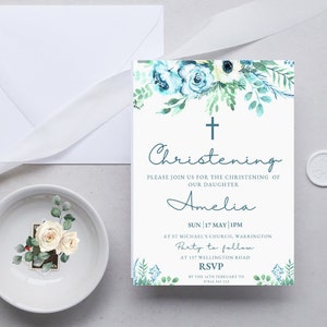 Printable Christening Invitation Template in greens and creams, Printable Christening Invite, Religious Invitation, DIGITAL DOWNLOAD MC0010