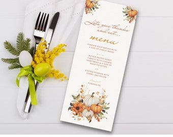 Druckbares Thanksgiving-Menü, Herbstmenü, Menü zum Danken, Druckbares Menü, Herbstliches Abendessen-Menü, Menü für Herbstpartys – Sofort-Download