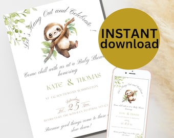Sloth Baby Shower Invitation Template: Editable 5x7, 6x4 (Digital Download)