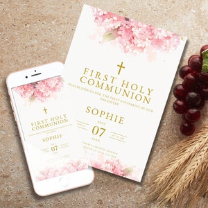 Erste heilige Kommunion einladen Digitale Datei Mädchen Kommunion Einladung Rosa Blumen Sofort Download Bearbeitbare Vorlage DIGITAL DOWNLOAD MP1