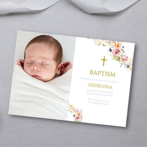 Pink Girls Baptism Invitation, Printable Wildflower Baptism Invite, baptism invitation girl photo, Canva Floral Baptism DIGITAL DOWNLOAD MC6