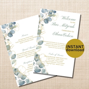 May include: Two white Bar Mitzvah program cards featuring blue-green watercolor eucalyptus leaves and gold line-art foliage. The text includes Welcome to the Bar Mitzvah Celebration for Ethan Cohen, Honors, Special Thanks, and Order of Service.