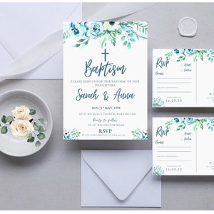 Printable Baptism Invitation and RSVP for Twins , Baptism Invite,  Twins Canva Baptism Party, Religious Invitation, DIGITAL DOWNLOAD MC0010