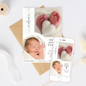 Aanpasbare Canva-kaartsjabloon voor geboorteaankondiging Gepersonaliseerd verwelkomd met liefde Babyaankondiging Instant Download 5 x 7 6 x 4 TEKST NB1