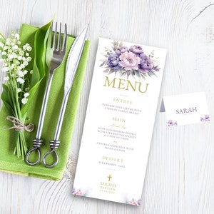 Menú imprimible de lavanda, juego de menú y tarjetas de ubicación DIY, menú de bautizo, plantilla de menú floral, plantilla de tarjeta de ubicación editable (descarga digital MC8)