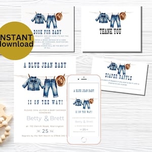 Blue Jean Baby Shower Invitations with Diaper Raffle Cards Editable Digital Invite Printable  Baby Shower Party Supplies Canva DOWNLOAD BJ9