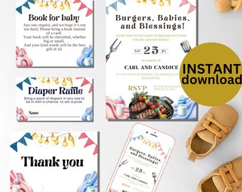 Conjunto de invitaciones para la revelación de género de Baby-Q: Plantilla para fiesta de barbacoa (Descarga digital)