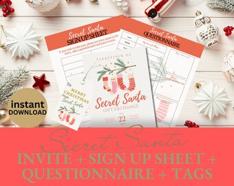 May include: Printable Secret Santa party kit with a sign-up sheet, questionnaire, and gift tags. The design features a festive Christmas tree with stockings hanging from the branches. The text on the sign-up sheet reads "Secret Santa Sign Up Sheet". The text on the questionnaire reads "Secret Santa Questionnaire". The text on the gift tags reads "To Merry Christmas From Secret Santa".