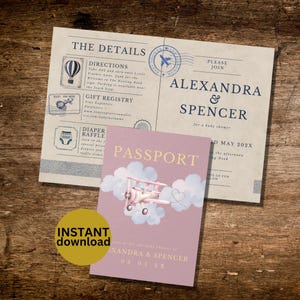Könnte beinhalten: Ein Set aus Babyparty-Einladungskarten und Karten im Pass-Design. Die Einladung ist beige mit blauem Text und einer Stempelgrafik. Die Passkarte ist rosa mit einer rosa Flugzeuggrafik und dem Wort "PASSPORT".