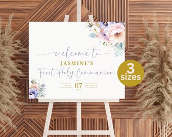 May include: Welcome to Jasmine's First Holy Communion sign with watercolor floral design. The sign is white with purple and gold text. The date is September 07, 20XX.