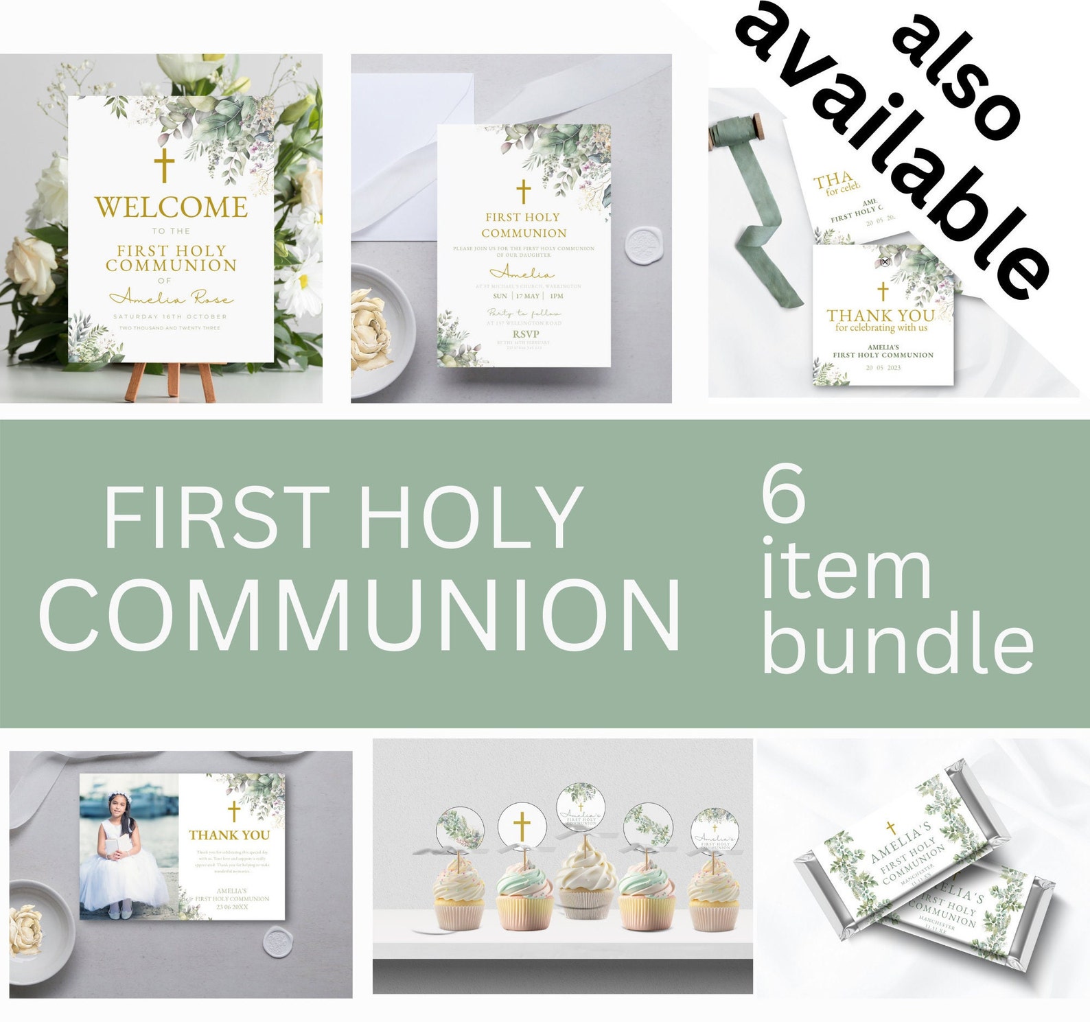 First Holy Communion Thank You Postcard, Photo Thank You Note, Greenery ...