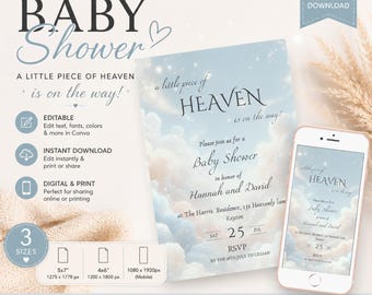 A Little Piece of Heaven Baby Shower Invitation A little but of heaven sent down to earth baby shower  Cloud Theme baby Shower Invite HB9