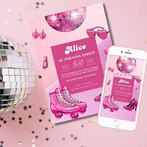 May include: Pink and white invitation for an 8th birthday party with a disco ball theme. The invitation features a pink disco ball, roller skates, and the text "Alice is turning eight!" with the date "Sat 25 Oct".