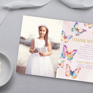 Erste heilige Kommunion Danke Postkarte, Foto Dankeschön Notiz, Schmetterling Danke Karte, Printable 1 Kommunion Danke DIGITAL DOWNLOAD MC17
