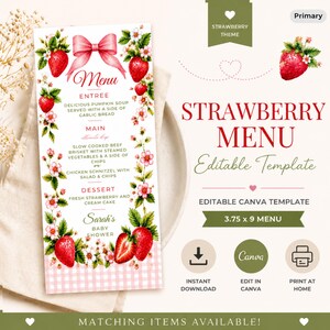 Könnte beinhalten: Eine Erdbeer-Menüvorlage mit rosa Vichy-Muster. Das Menü zeigt eine rosa Schleife, Erdbeeren und florale Akzente. Der Text lautet "Strawberry Menu" und "Editable Template". Das Menü ist 9,5 x 23 cm groß.