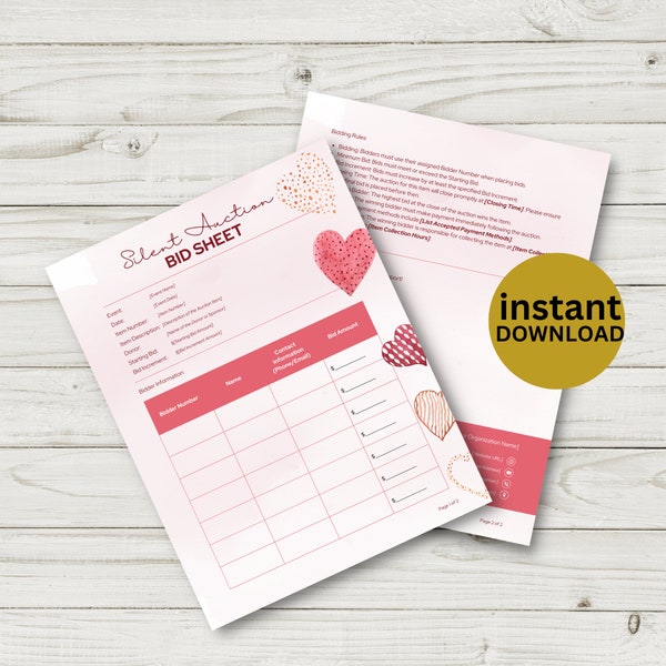 silent auction bid sheet canva, Hearts Silent Auction Bidding Sheet Editable And Printable Non Profit Gala Fundraiser Event instant Download