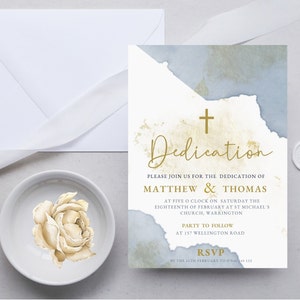 Dusty Blue Dedication Invite, Dedication Invite for twin boys, Twin Blue & Gold Dedication Invitation, LDS Baptism Twin Boy DOWNLOAD MC005