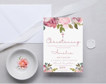 Girls Christening Printable  Party Invitation 5"x7", Boho Christening Invite Template, Printable Christening Invite, Floral Invite MC0012
