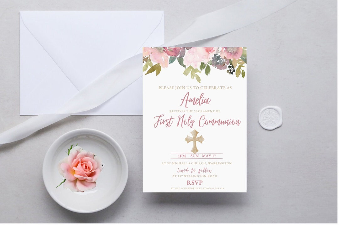 Blush Pink Floral First Holy Communion Invitation Template With Cross ...