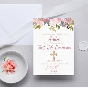 Blush Pink Floral First Holy Communion Invitation Template with cross, Printable Communion Invite, DIGITAL DOWNLOAD MC0018 MC0011