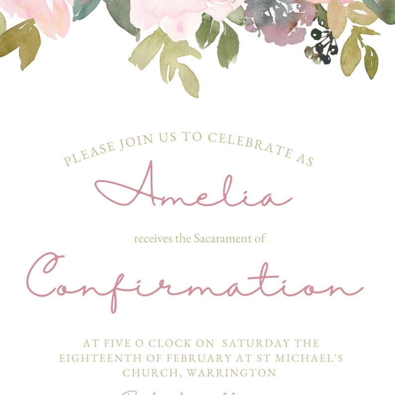 Blush Pink Floral Confirmation Invitation Template, Printable Catholic ...