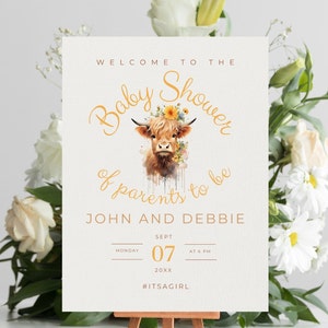 Highland Cow Baby Shower Sign Editable Template, Cow Welcome Poster Baby Shower, Editable Cow Baby Shower Welcome Sign DIGITAL DOWNLOAD MC99